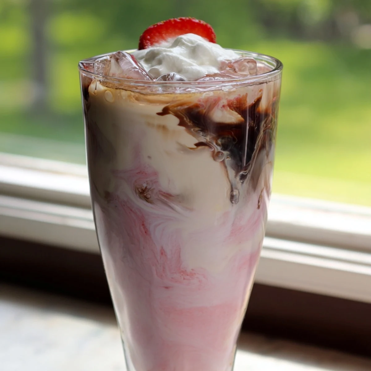 Refreshing strawberry cream cold latte topped with fluffy whipped cream and fresh berries