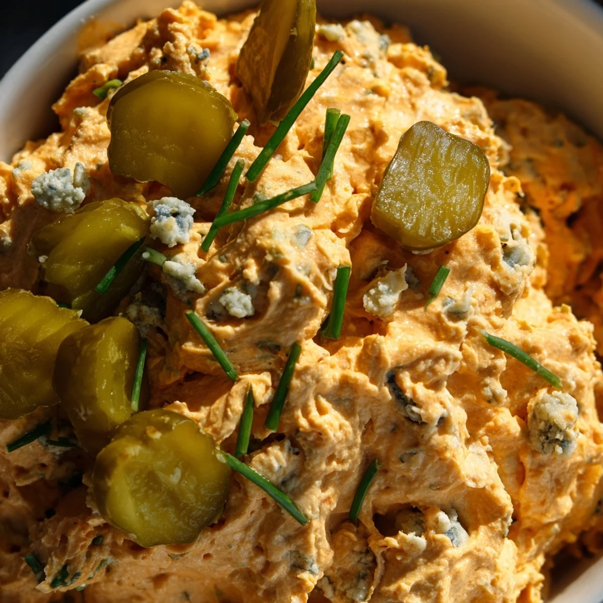 Tangy buffalo pickle dip topped with chopped chives and pickle slices served in a white ceramic bowl