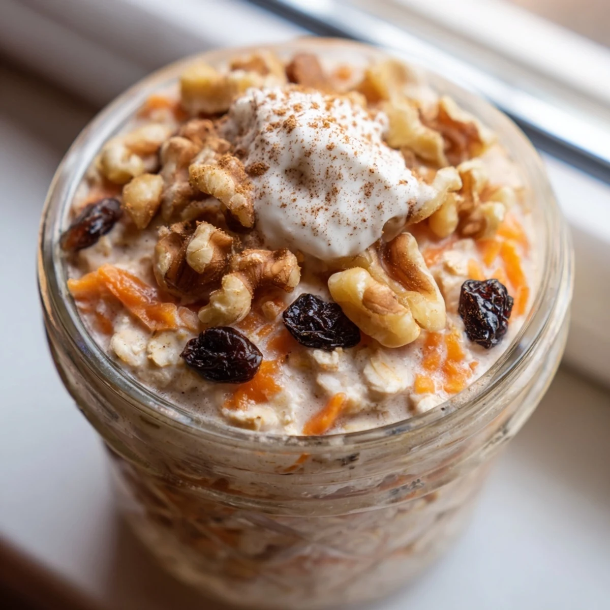 Creamy carrot cake overnight oats in a mason jar topped with crunchy walnuts and a cinnamon sprinkle