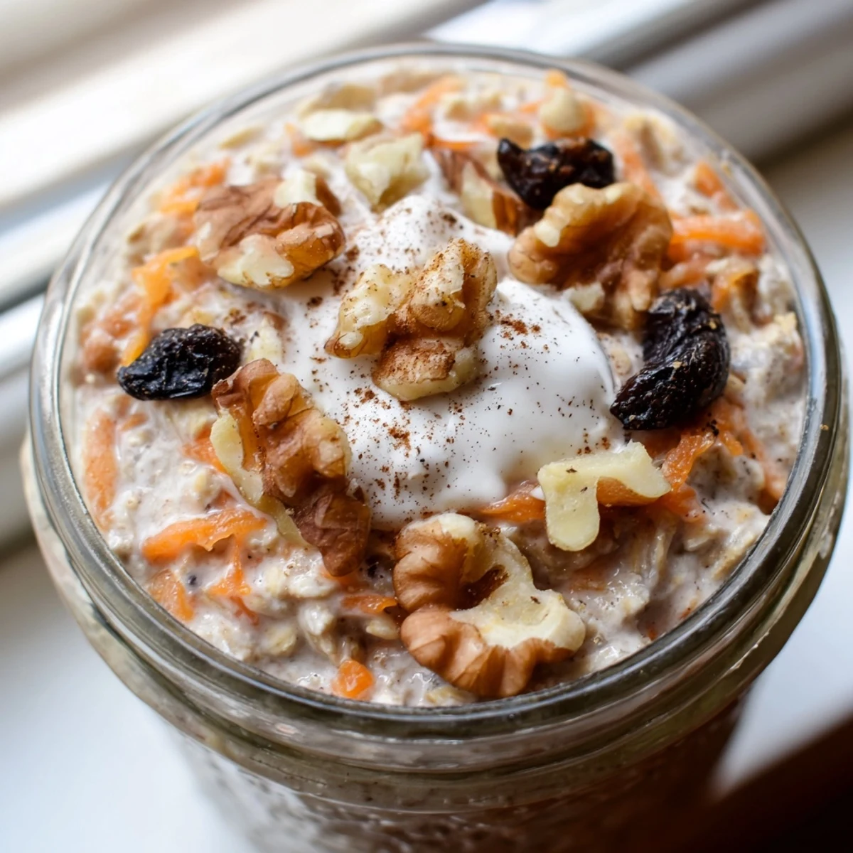 Thick spoonful of carrot cake overnight oats with grated carrots, raisins, and pecan garnish