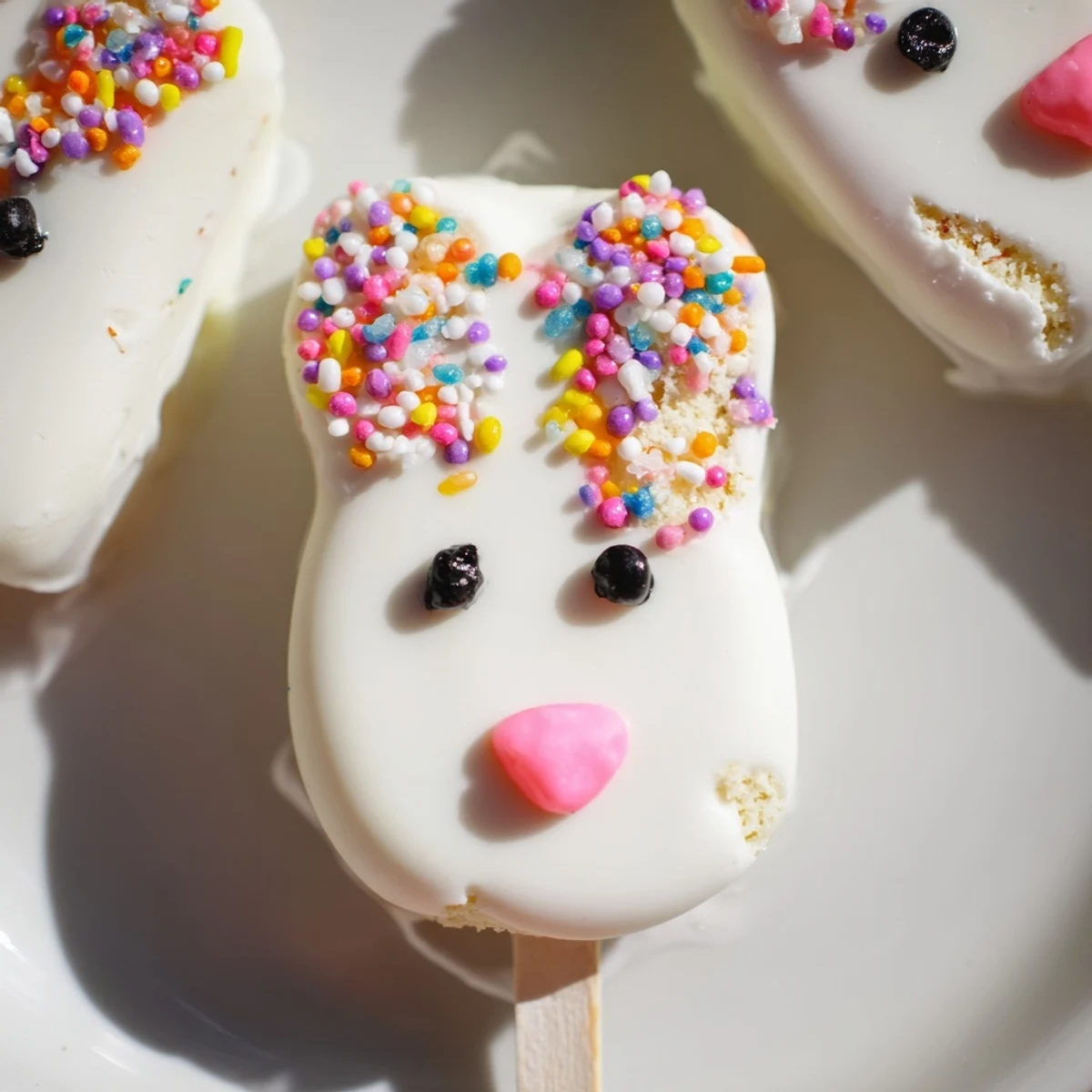 Adorable white chocolate bunny cakesicles with candy eyes and pink fondant ears on sticks