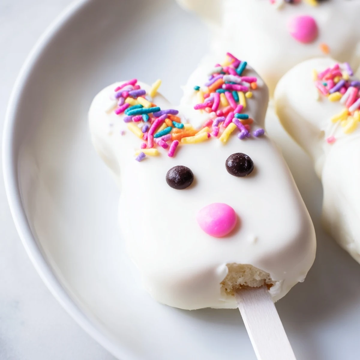 Creamy white chocolate bunny cakesicles decorated with sprinkles for festive Easter celebrations