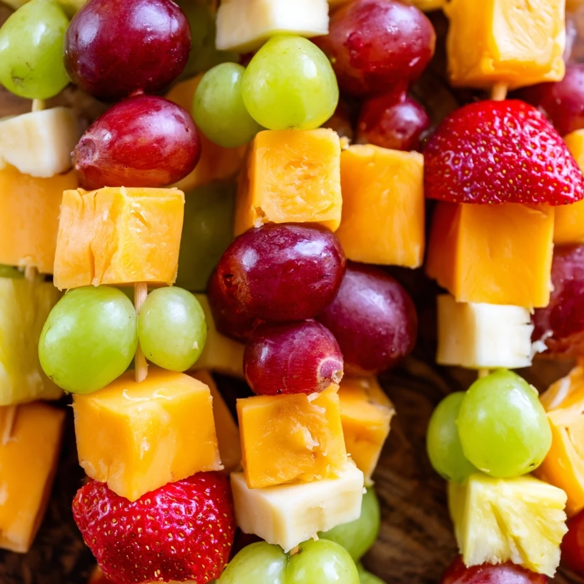 Colorful fruit and cheese kabobs arranged on a platter with grapes, strawberries, pineapple, and cubed cheddar cheese
