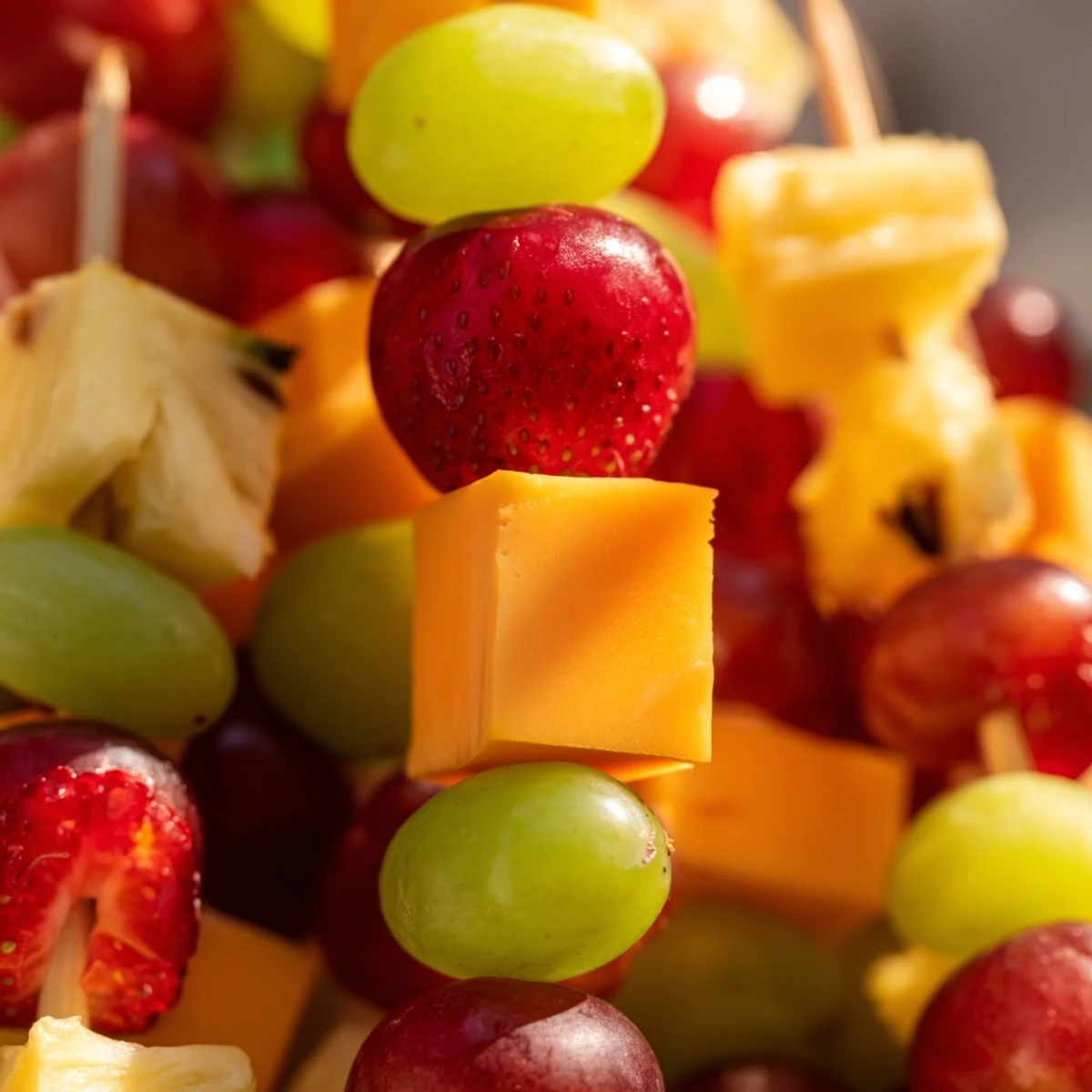 Fresh fruit and cheese kabobs featuring alternating chunks of creamy Monterey Jack and sweet ripe red grapes