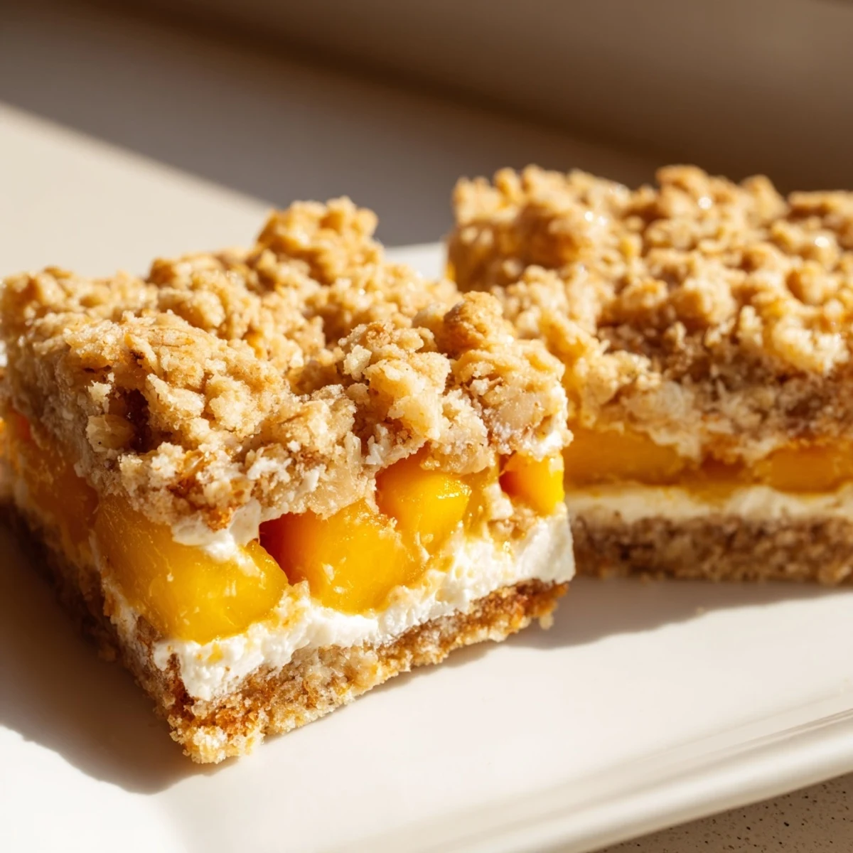 Golden buttery oat crust cradles sweet cream and juicy peaches in these Peaches And Cream Crumble Bars