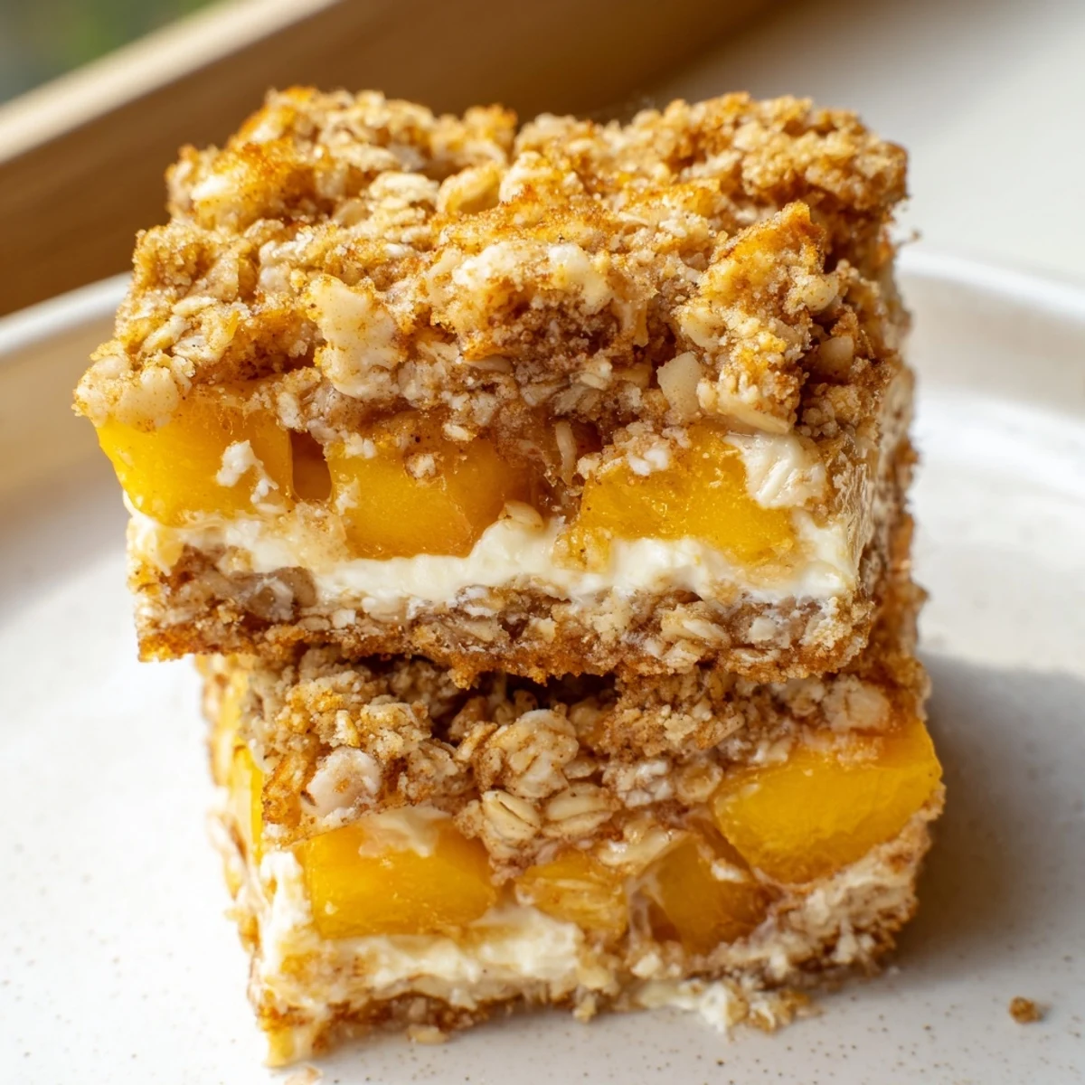 Peaches And Cream Crumble Bars sliced to reveal luscious cream filling and tender baked peach layers