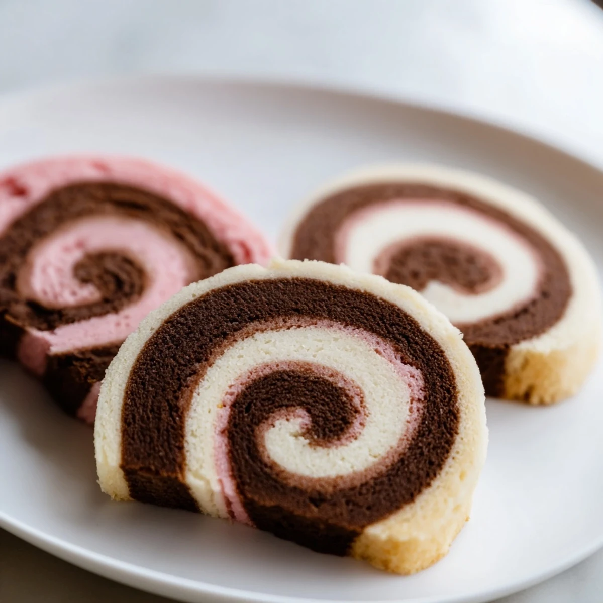 Neapolitan Swirl Cookies showcase pink, brown, and cream spirals on a rustic baking sheet