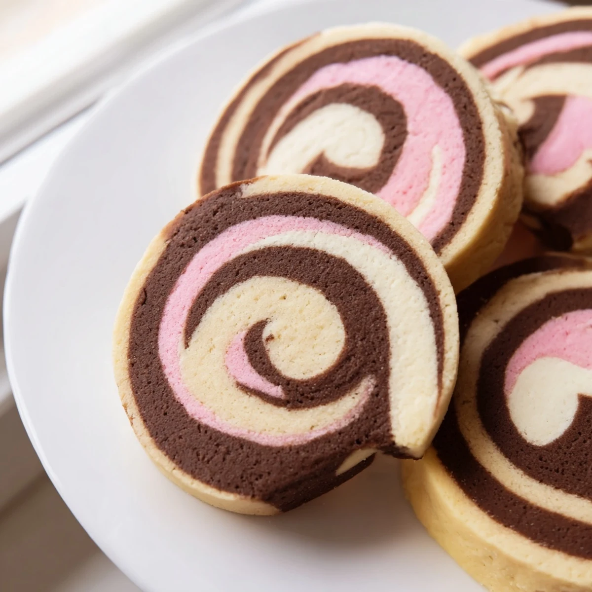 Golden-edged Neapolitan Swirl Cookies with tight chocolate vanilla and strawberry pinwheel patterns stacked together