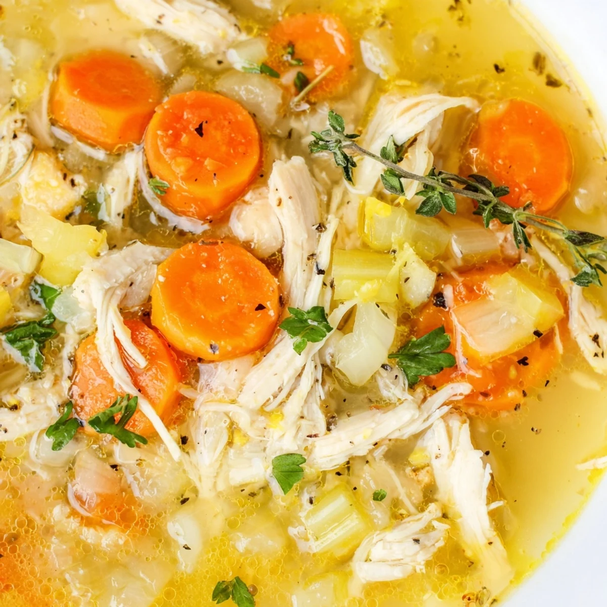 Steaming bowl of Crockpot Lemon Chicken Soup garnished with fresh parsley and lemon slices