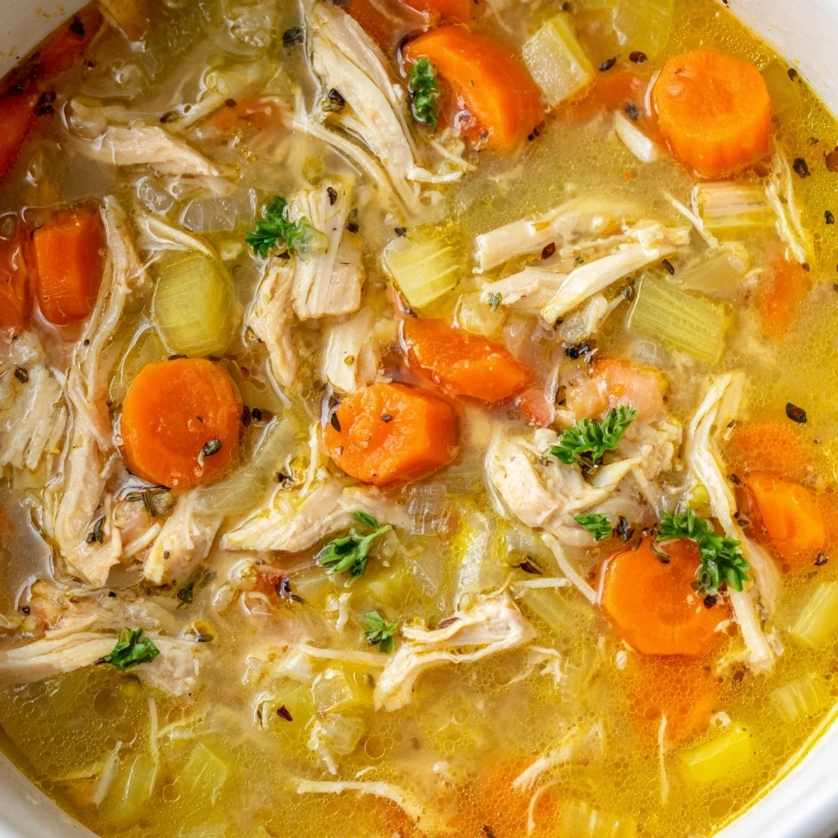Golden Crockpot Lemon Chicken Soup features tender shredded chicken and colorful vegetables in broth
