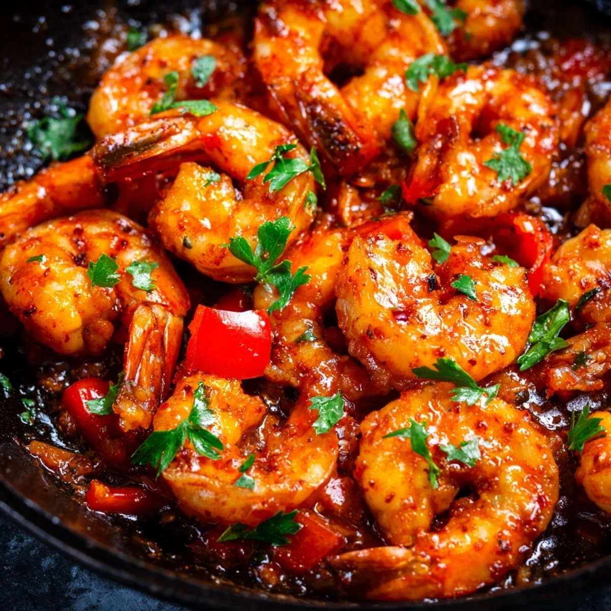 Golden garlic paprika shrimp skillet garnished with fresh parsley and lemon wedges