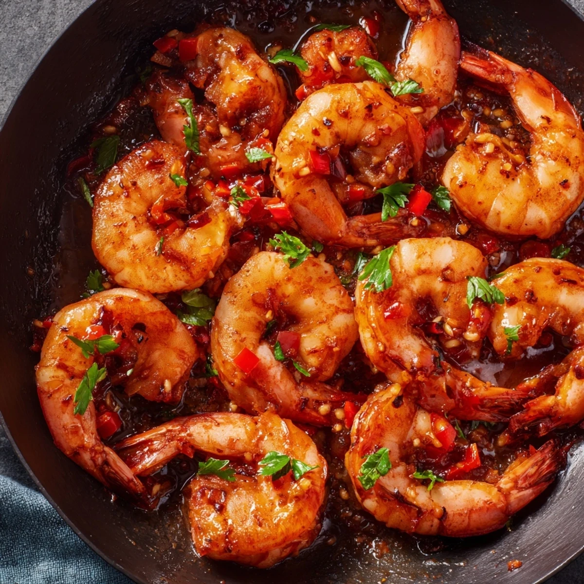 Sizzling garlic paprika shrimp skillet with pink succulent shrimp in smoky spiced oil