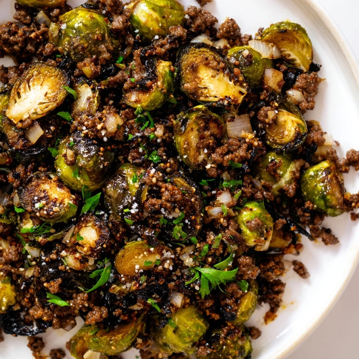 Golden ground beef and Brussels sprouts skillet sizzling with caramelized edges and savory seasonings