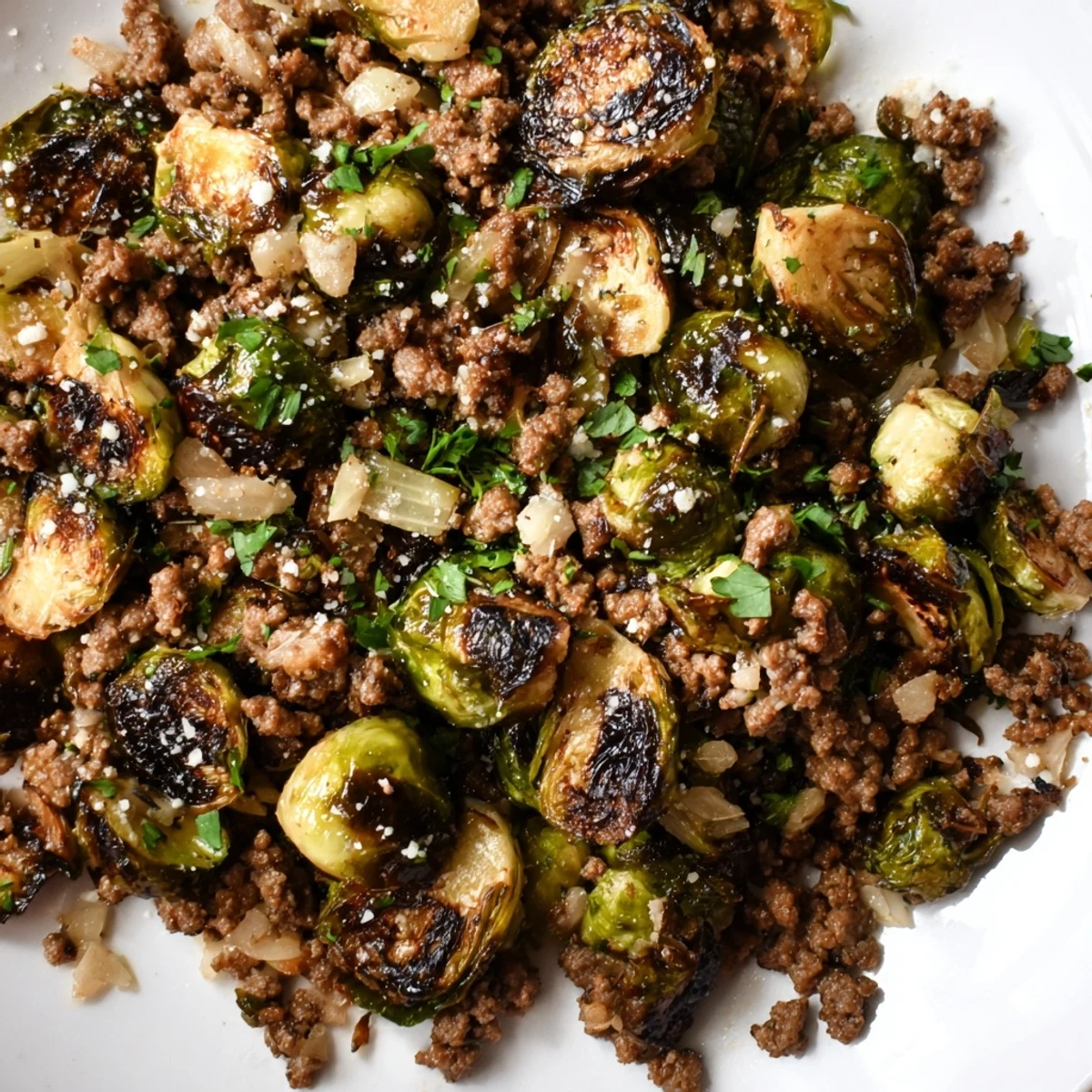 Tender Brussels sprouts with seasoned ground beef in a cast iron skillet dinner