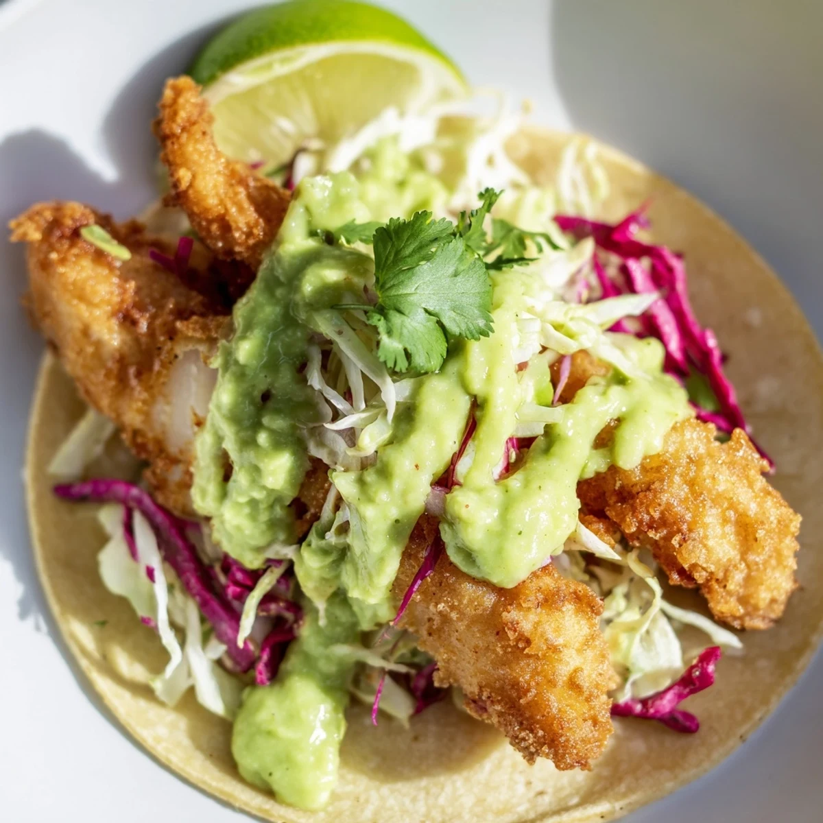 Golden crispy Baja fish tacos topped with fresh cabbage slaw and creamy avocado crema