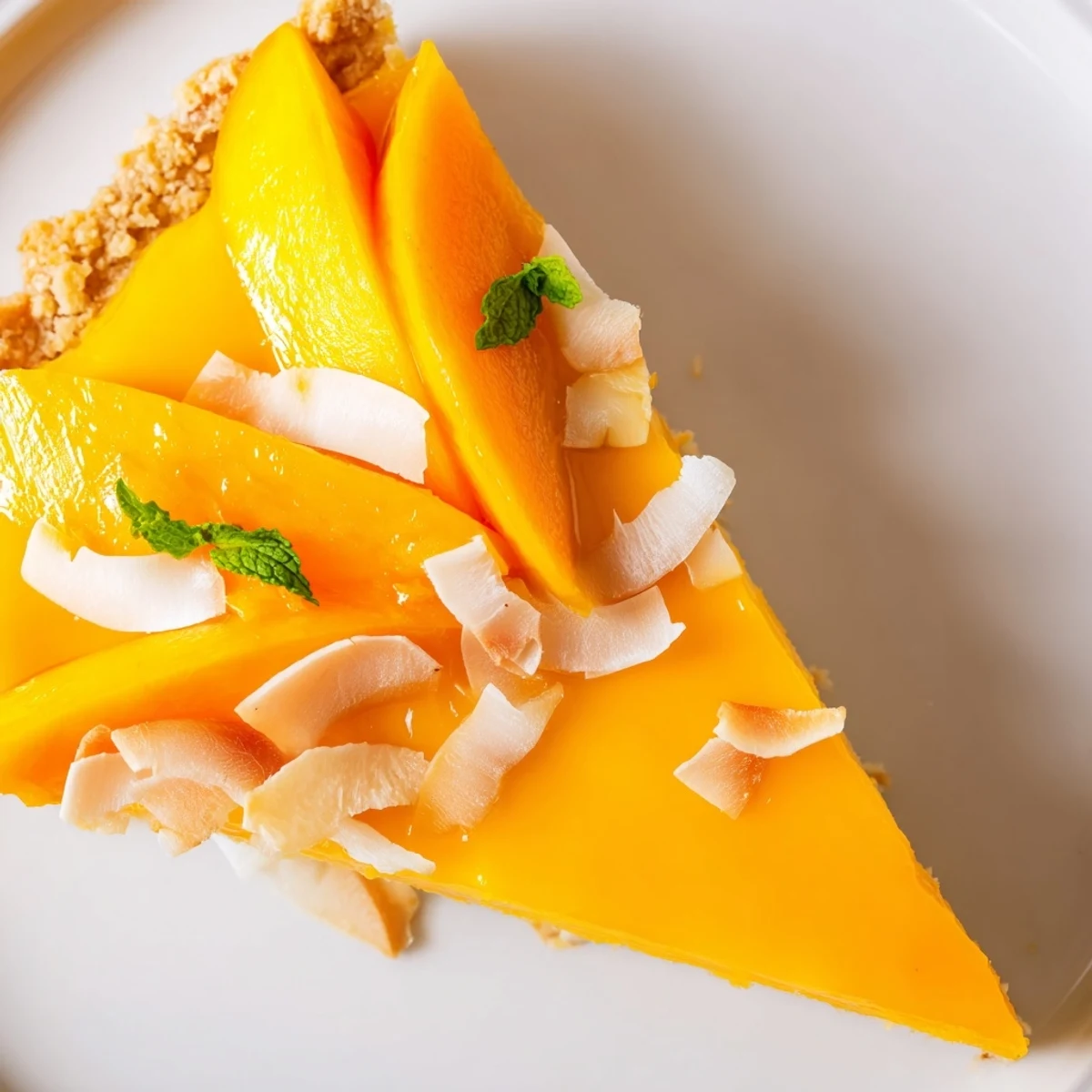 Golden mango curd tart slice topped with fresh mango and mint leaves on white plate