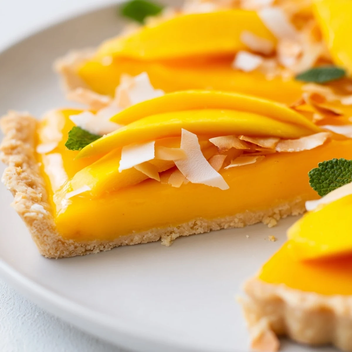 Creamy mango curd tart in buttery crust garnished with toasted coconut flakes and mint