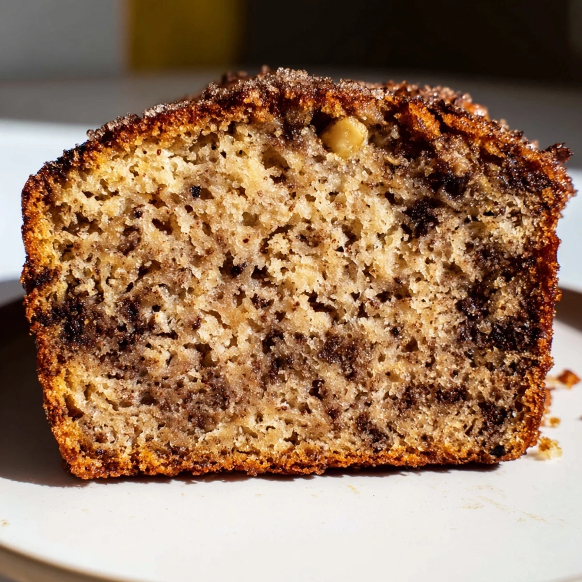 Golden slice of super moist banana bread topped with crunchy walnuts on rustic wooden board