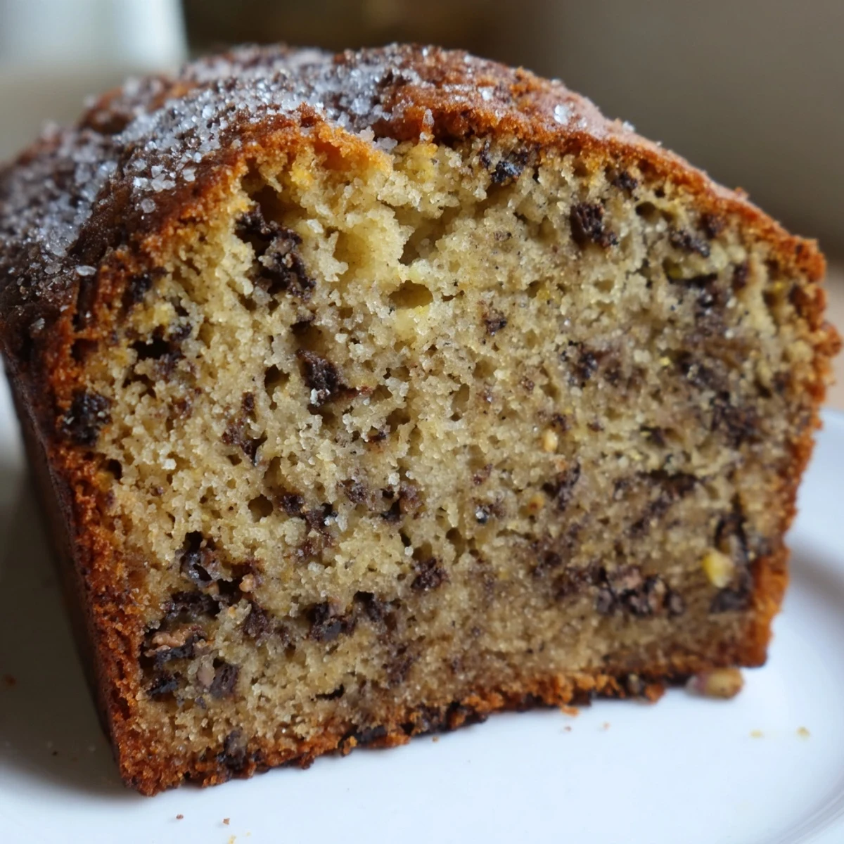 Warm super moist banana bread loaf fresh from oven with crackly cinnamon sugar crust