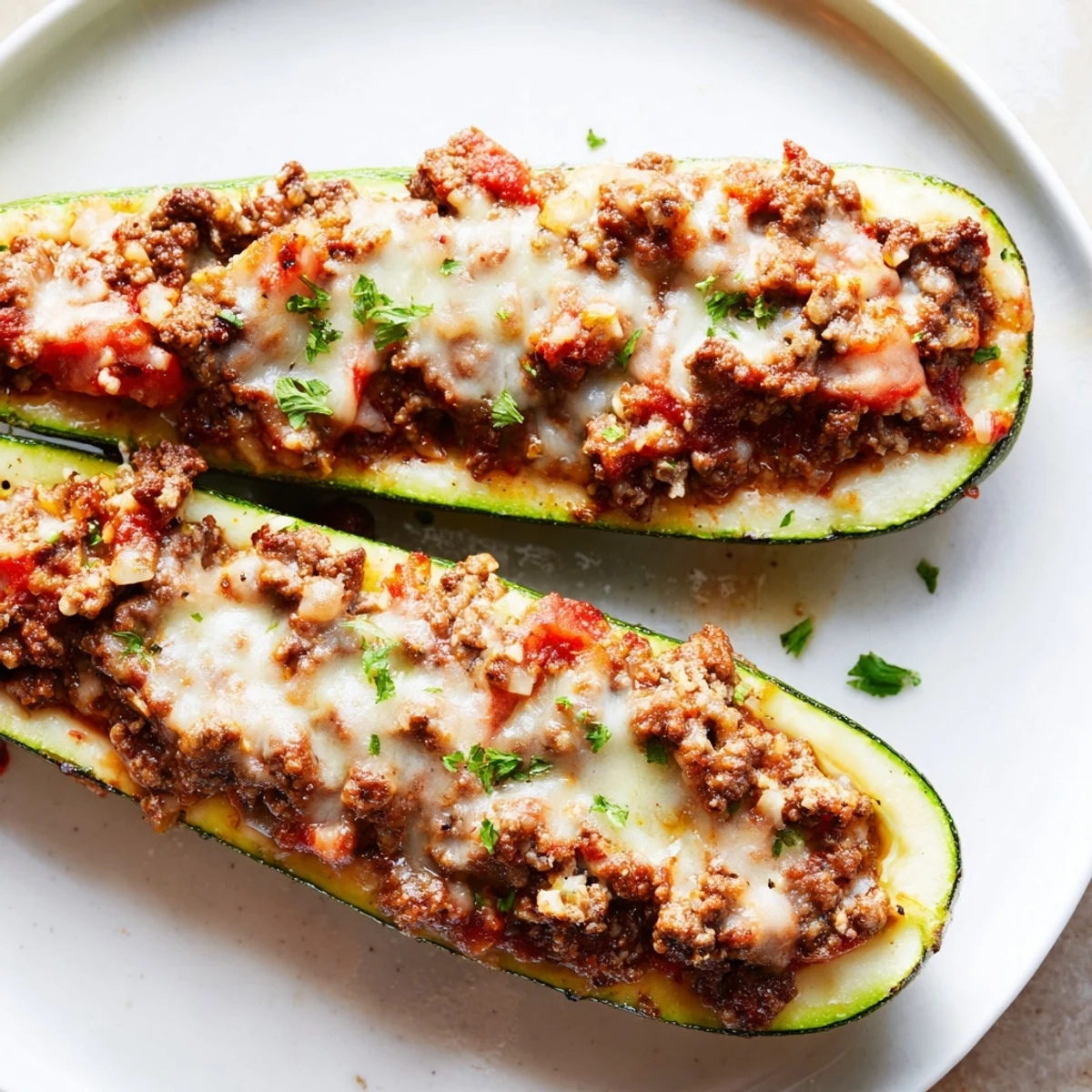 Golden melted cheese tops these stuffed zucchini boats with ground beef fresh from the oven