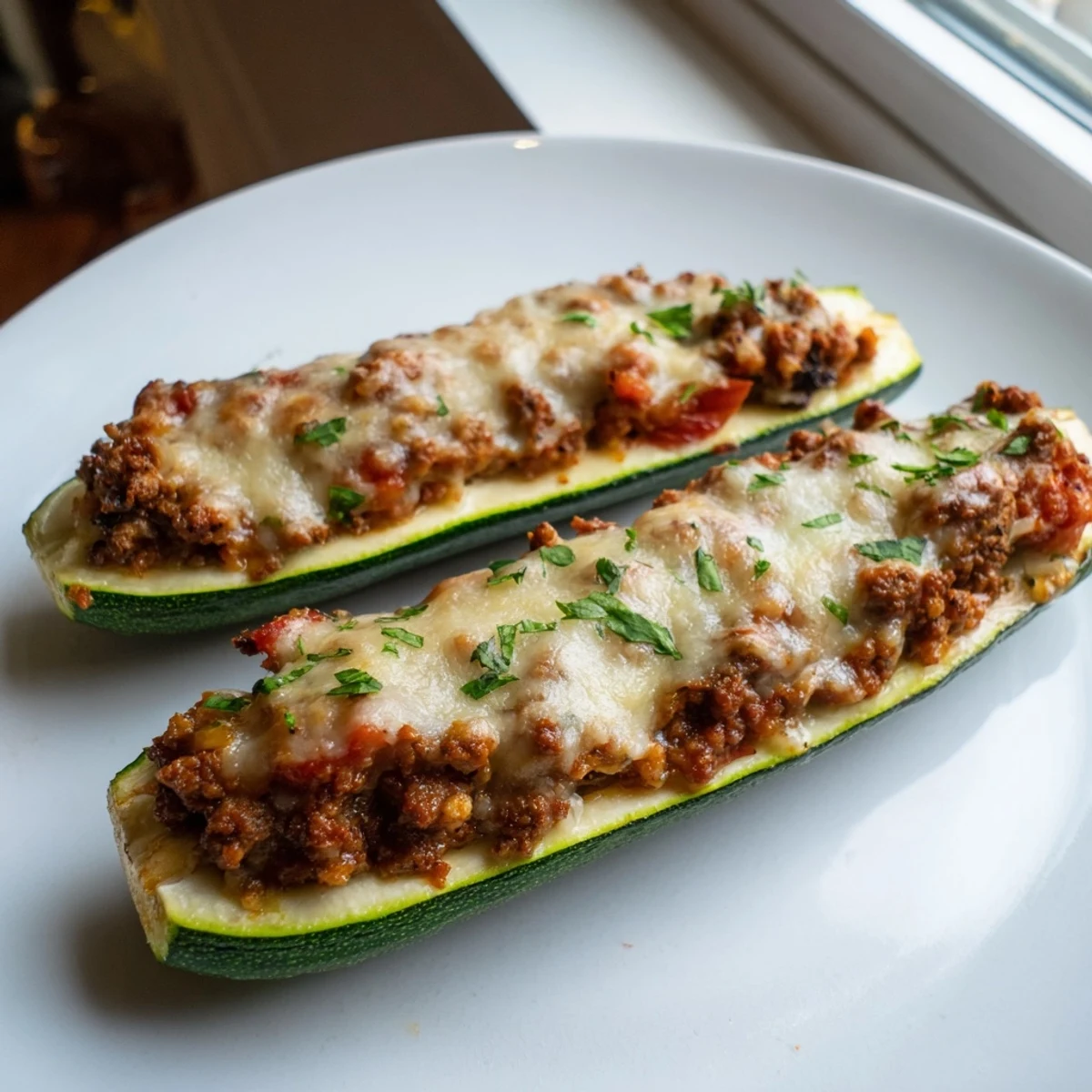 Savory ground beef and herb filling spills from tender baked stuffed zucchini boats on a rustic plate