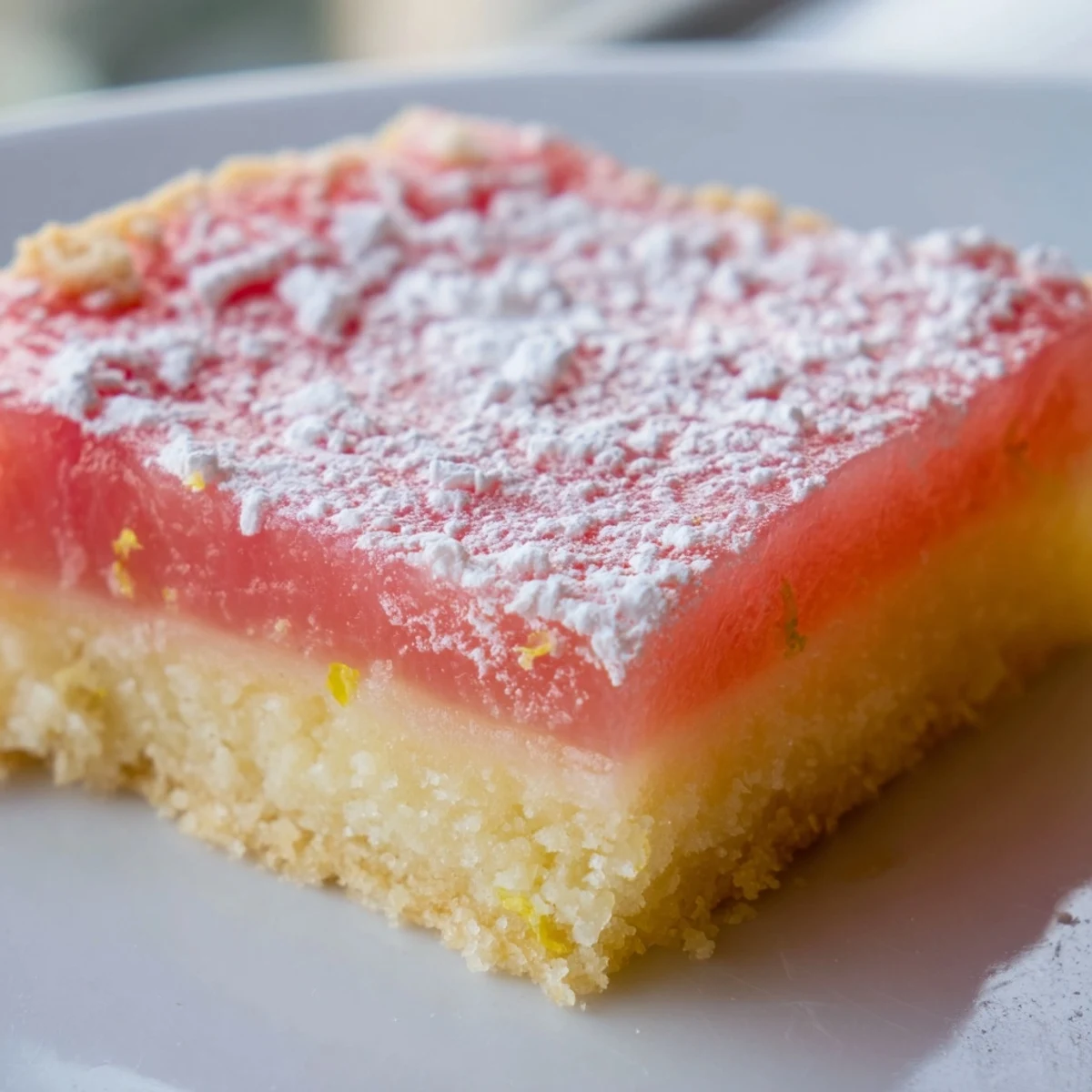 Bright grapefruit bars with powdered sugar on a rustic cutting board