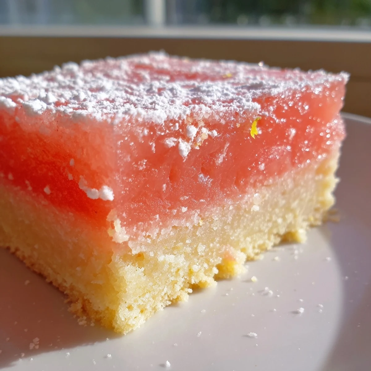 Tangy grapefruit bars sliced into squares topped with a dusting of powdered sugar