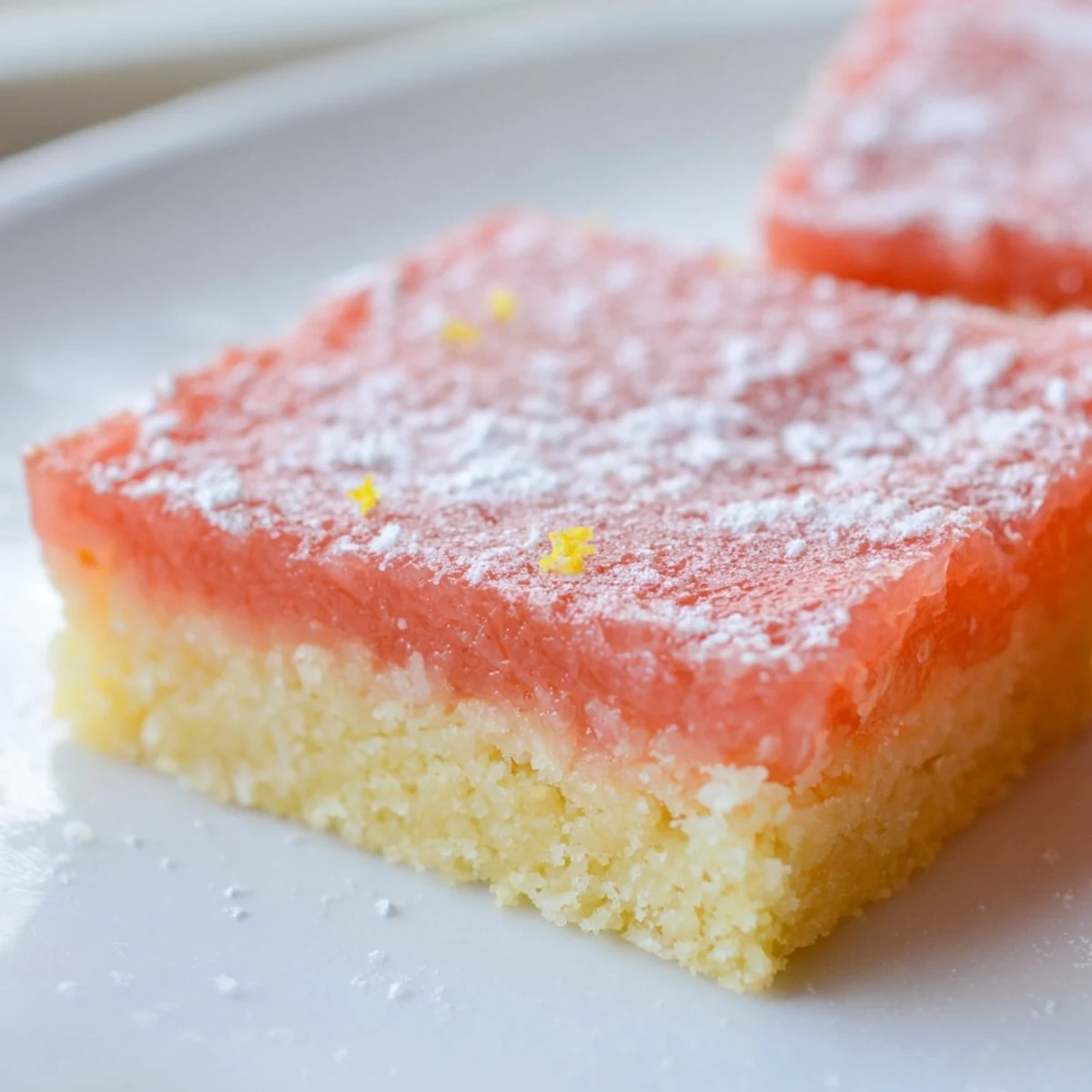 Golden grapefruit bars with vibrant pink custard filling on a white plate