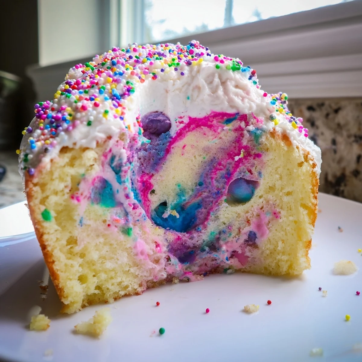 Colorful Unicorn Poke Cake sliced to reveal vibrant rainbow pudding stripes beneath fluffy whipped topping