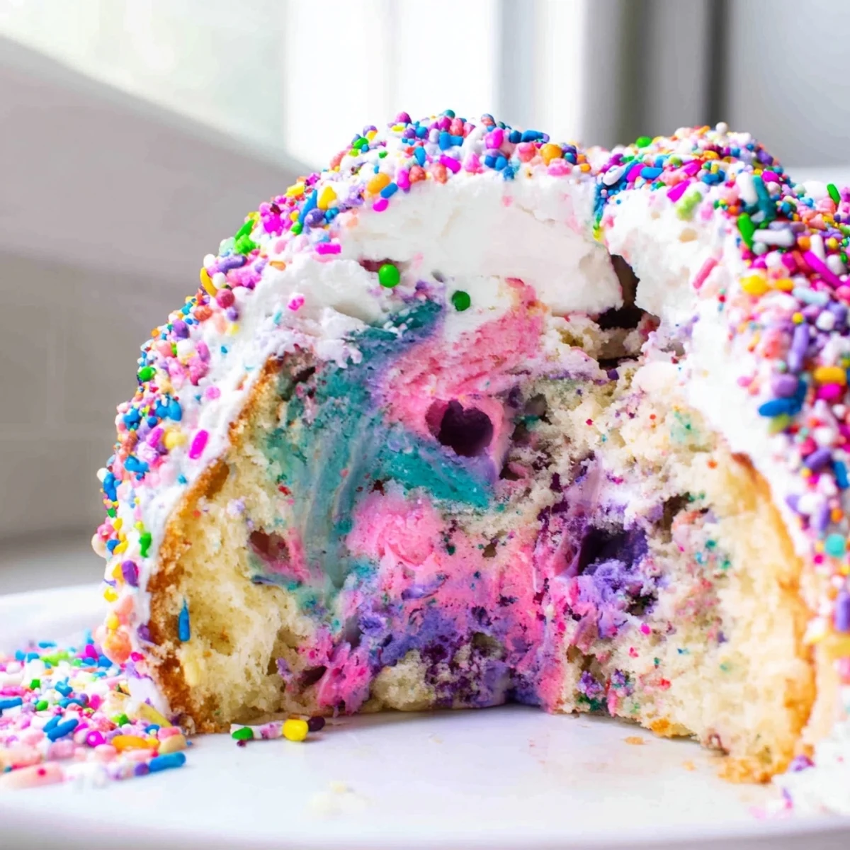 Festive Unicorn Poke Cake topped with pastel whipped frosting and shimmering rainbow sprinkles for parties