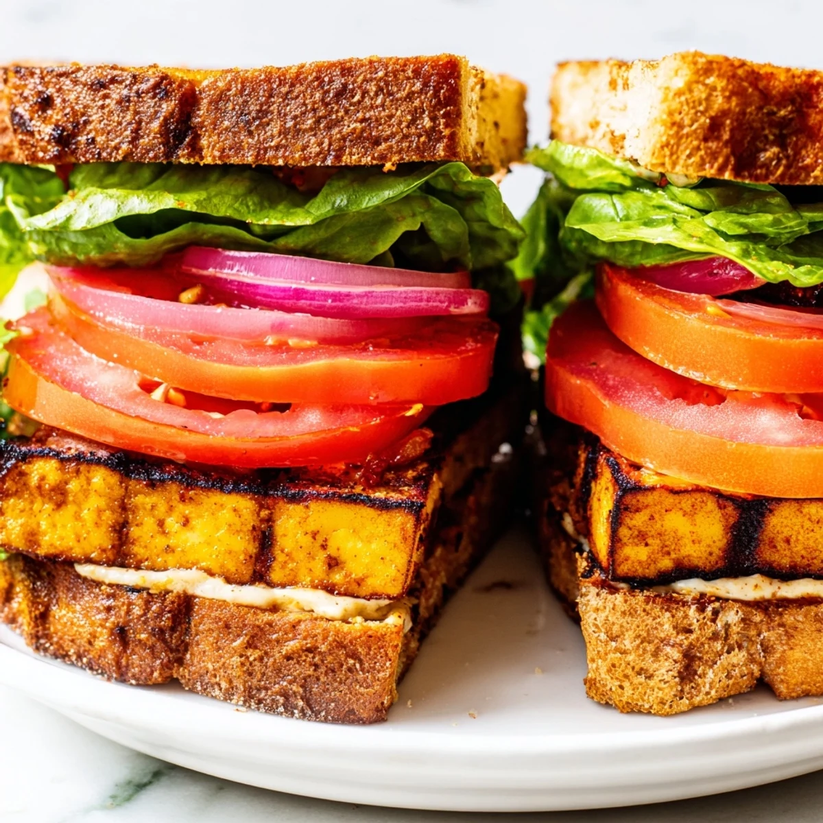 Golden smoky TLT sandwich with crispy tofu fresh lettuce and ripe tomato slices