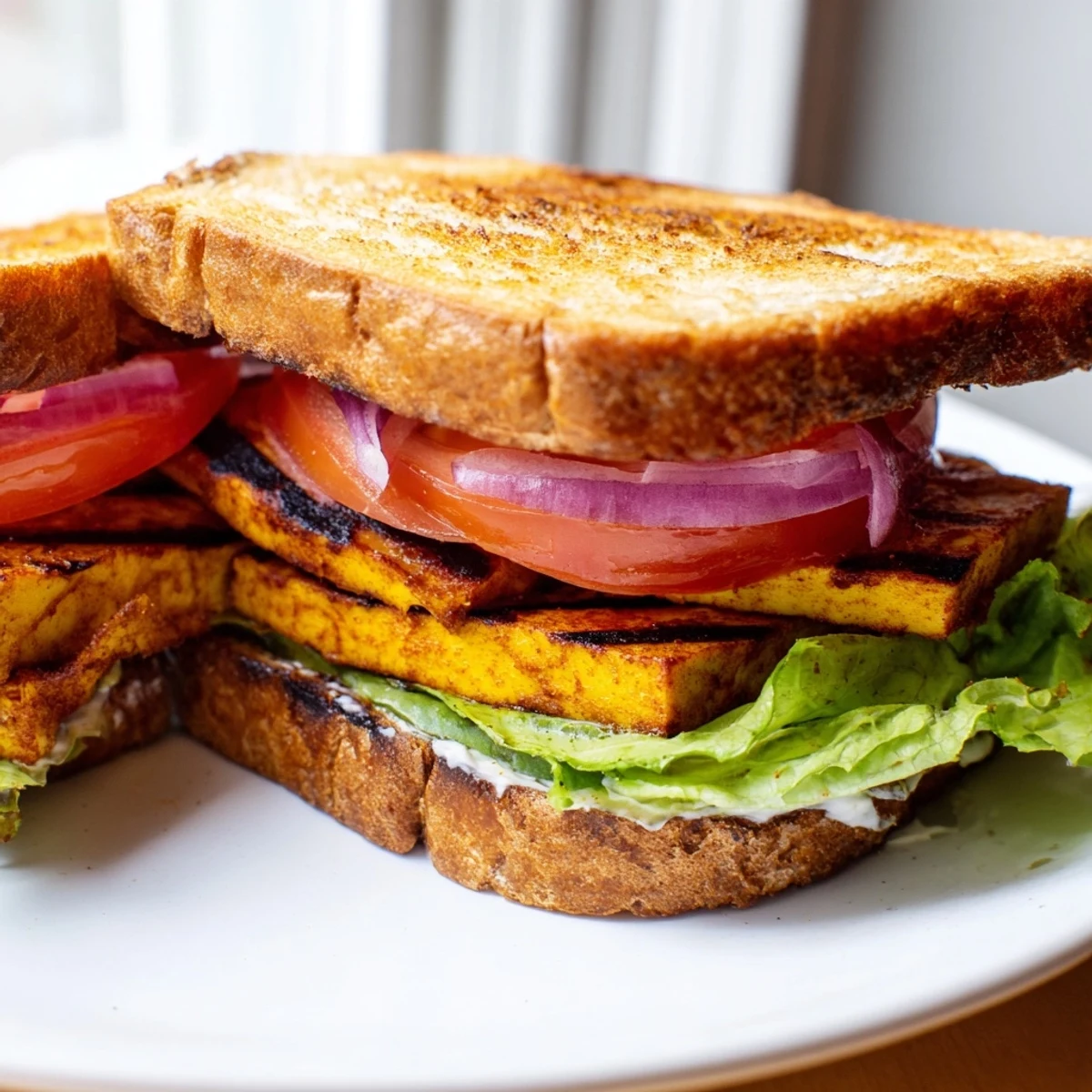 Smoky tofu lettuce tomato TLT sandwich stacked on toasted sourdough with mayo