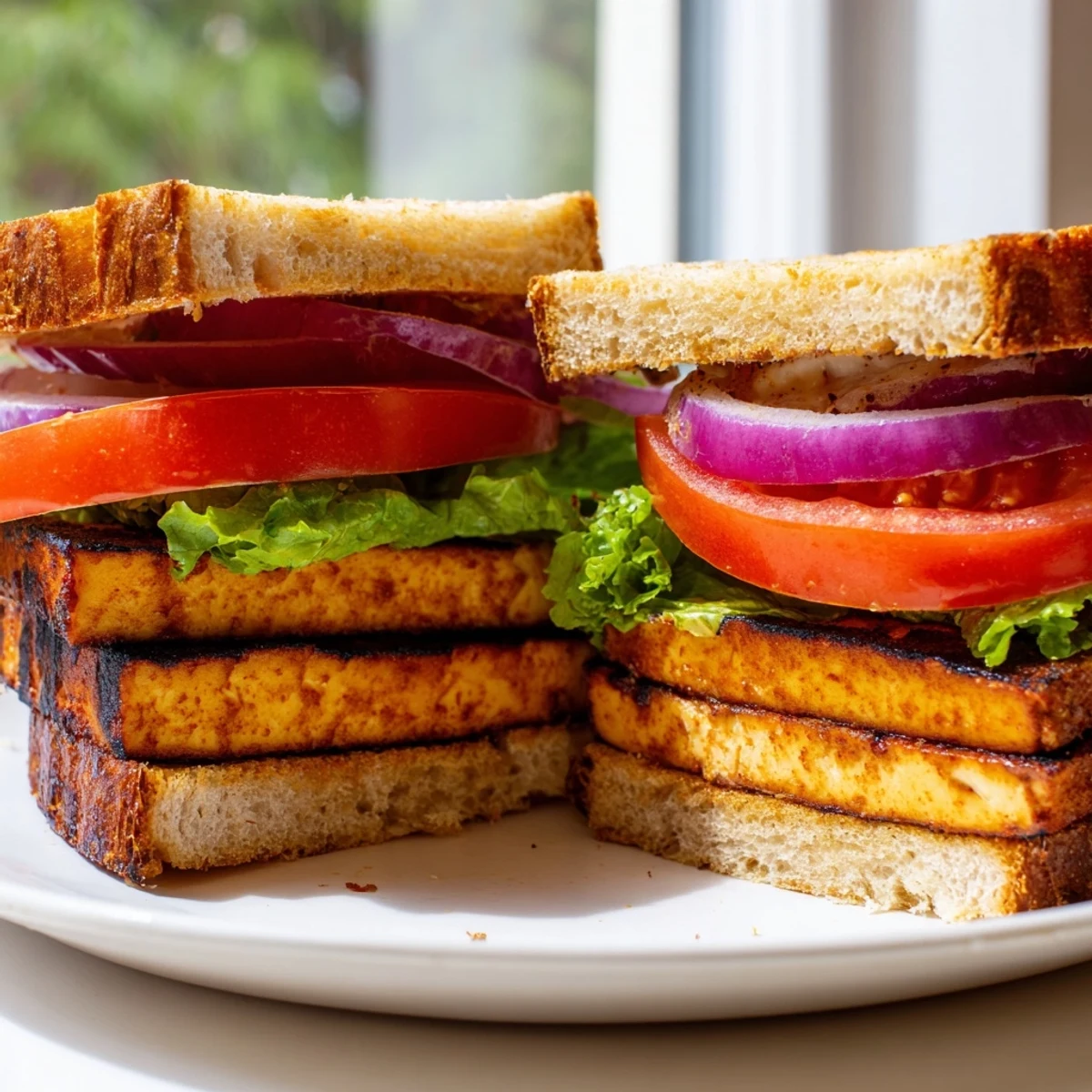 Crispy marinated tofu in a summer TLT sandwich layered with juicy garden tomatoes