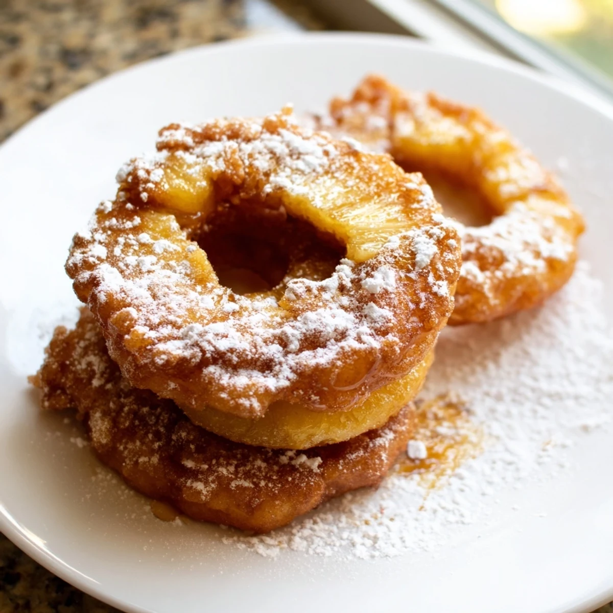 Crispy golden fried pineapple rings dusted with powdered sugar on a rustic plate