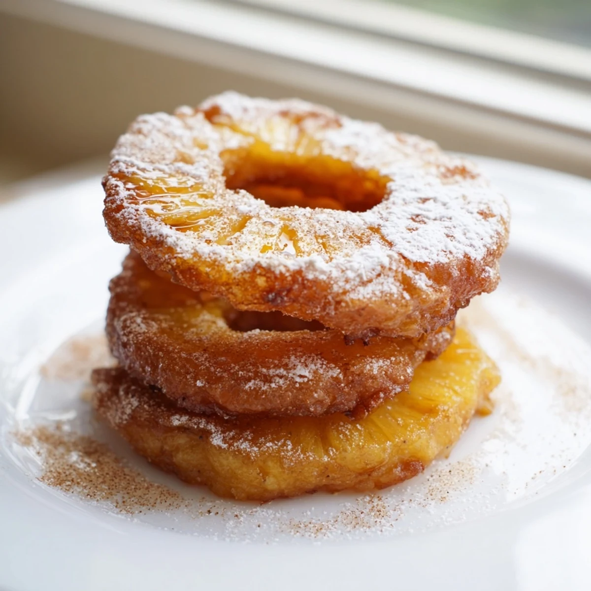 Warm fried pineapple rings drizzled with caramel sauce beside melting vanilla ice cream
