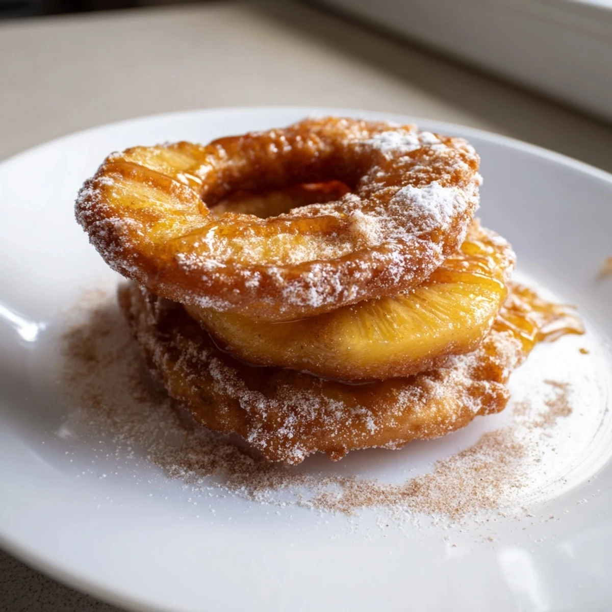 Batter-dipped fried pineapple rings sizzling in hot oil reaching a deep golden brown