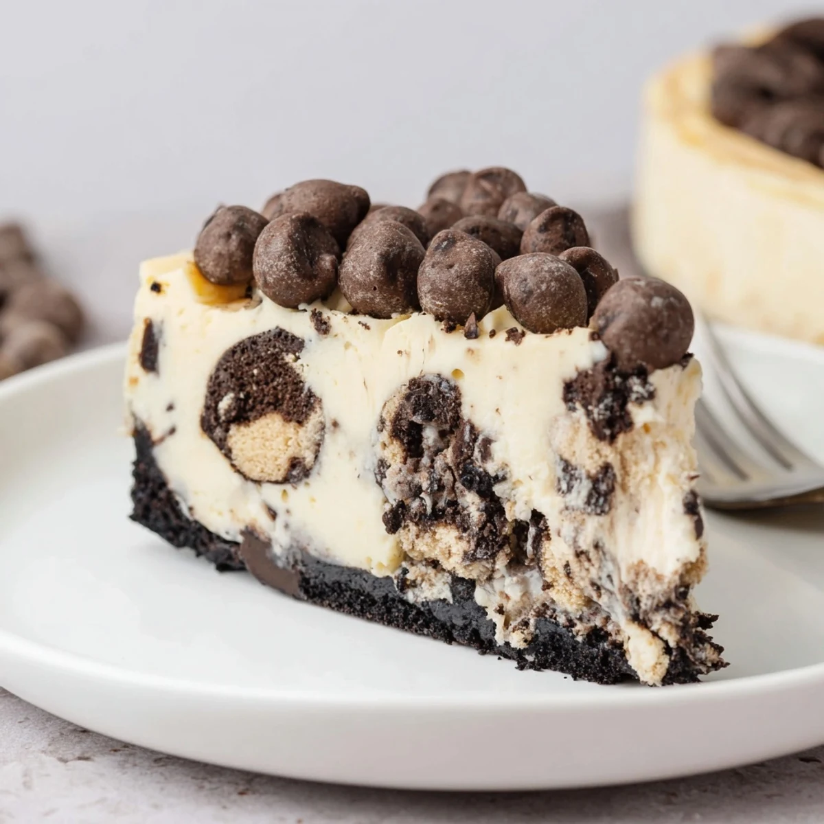 Chocolate Chip Cookie Dough Cheesecake slice on plate, creamy, speckled with dough.