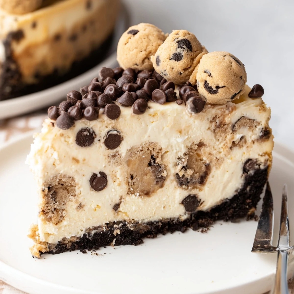 Chocolate-drizzled Chocolate Chip Cookie Dough Cheesecake, chilled, layered cream and cookie crunch.
