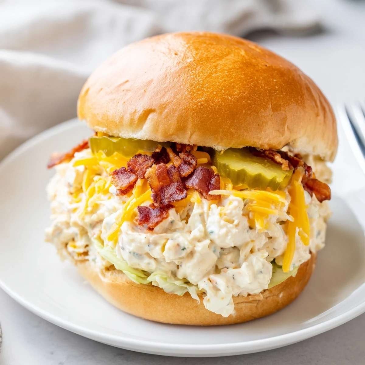 Warm Crack Chicken Sandwiches piled with gooey cheese and crispy bacon