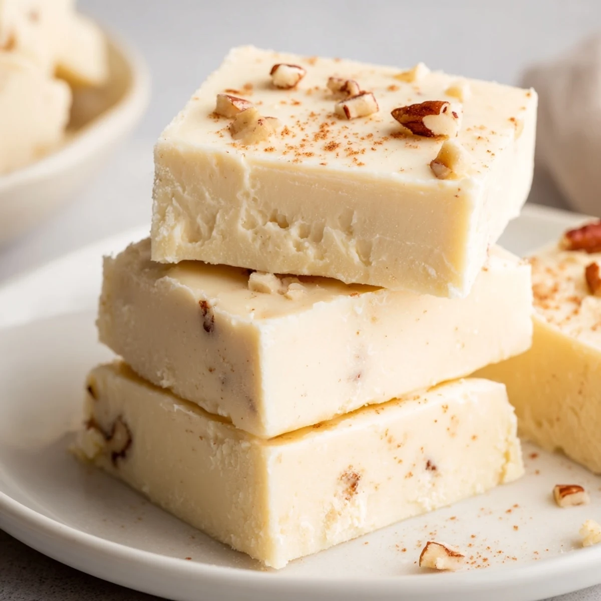Creamy Eggnog Fudge sliced into squares, speckled with grated nutmeg
