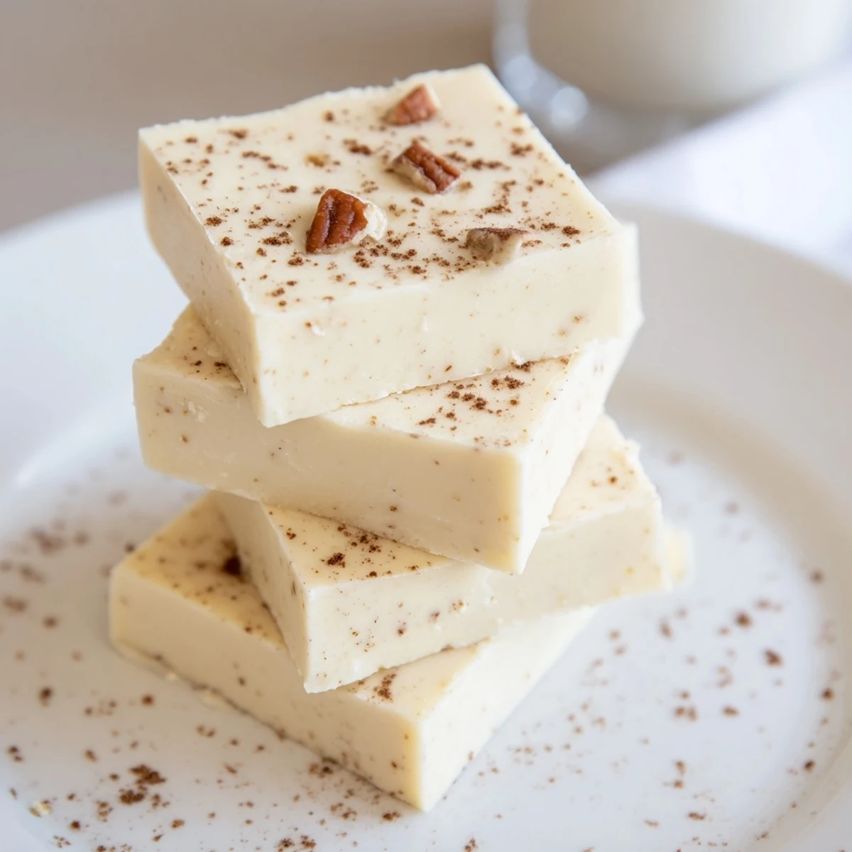 Rich Eggnog Fudge cooling in an 8x8 pan, ready to chill
