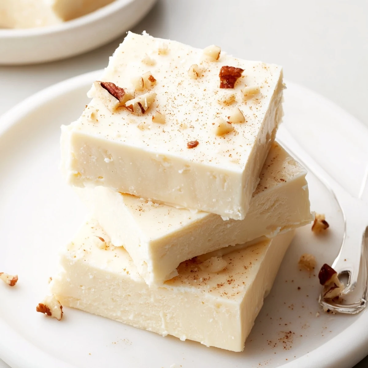 Decadent Eggnog Fudge topped with grated nutmeg, perfect for holiday platters