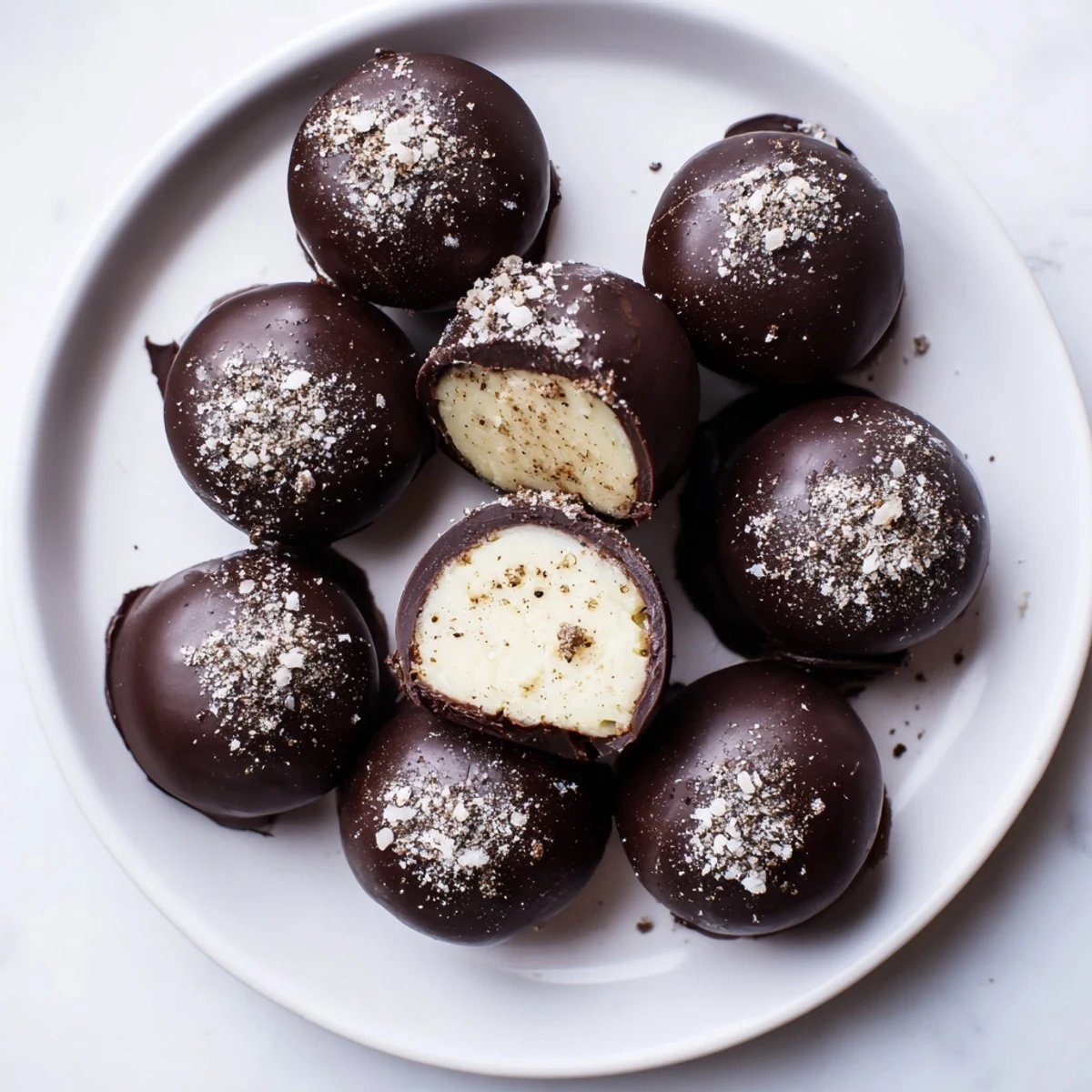 Dark Chocolate Eggnog Truffles with glossy shell, creamy nutmeg-scented centers on parchment