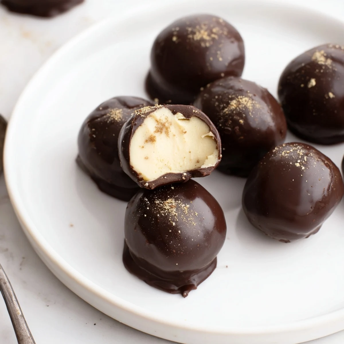 Plated Dark Chocolate Eggnog Truffles dusted with cinnamon, perfect for holiday gifting