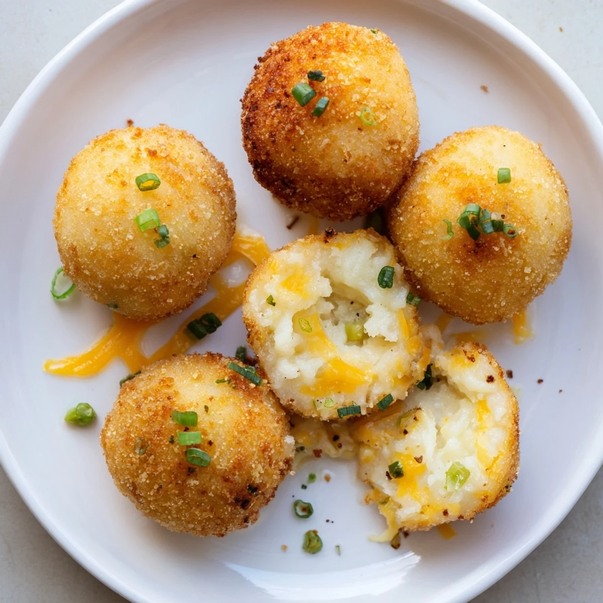 Close-up of Fried Mashed Potato Balls revealing cheesy, steaming, pillowy centers