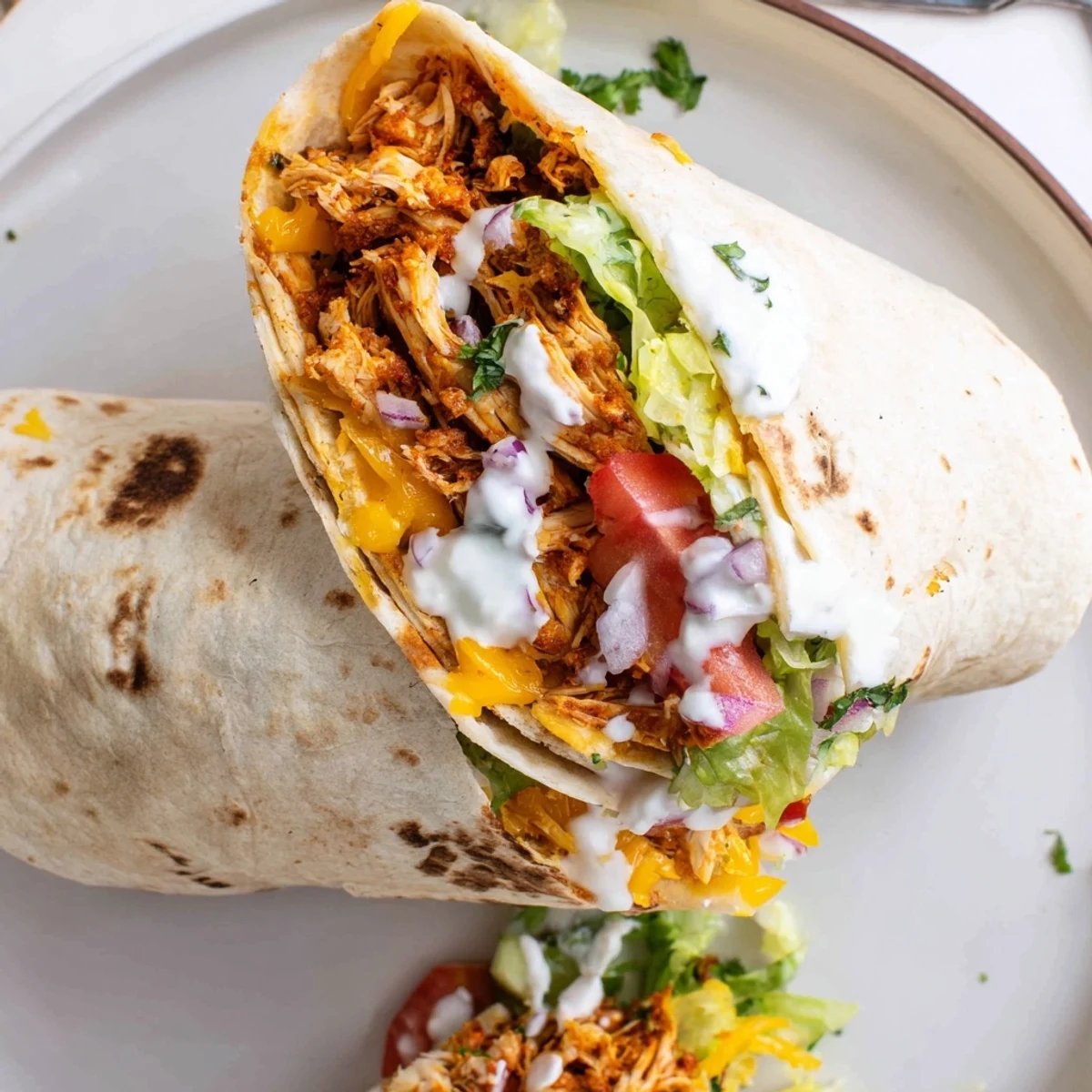 Cheesy Garlic Chicken Wraps sliced in half, warm cheese oozing, garnished parsley  