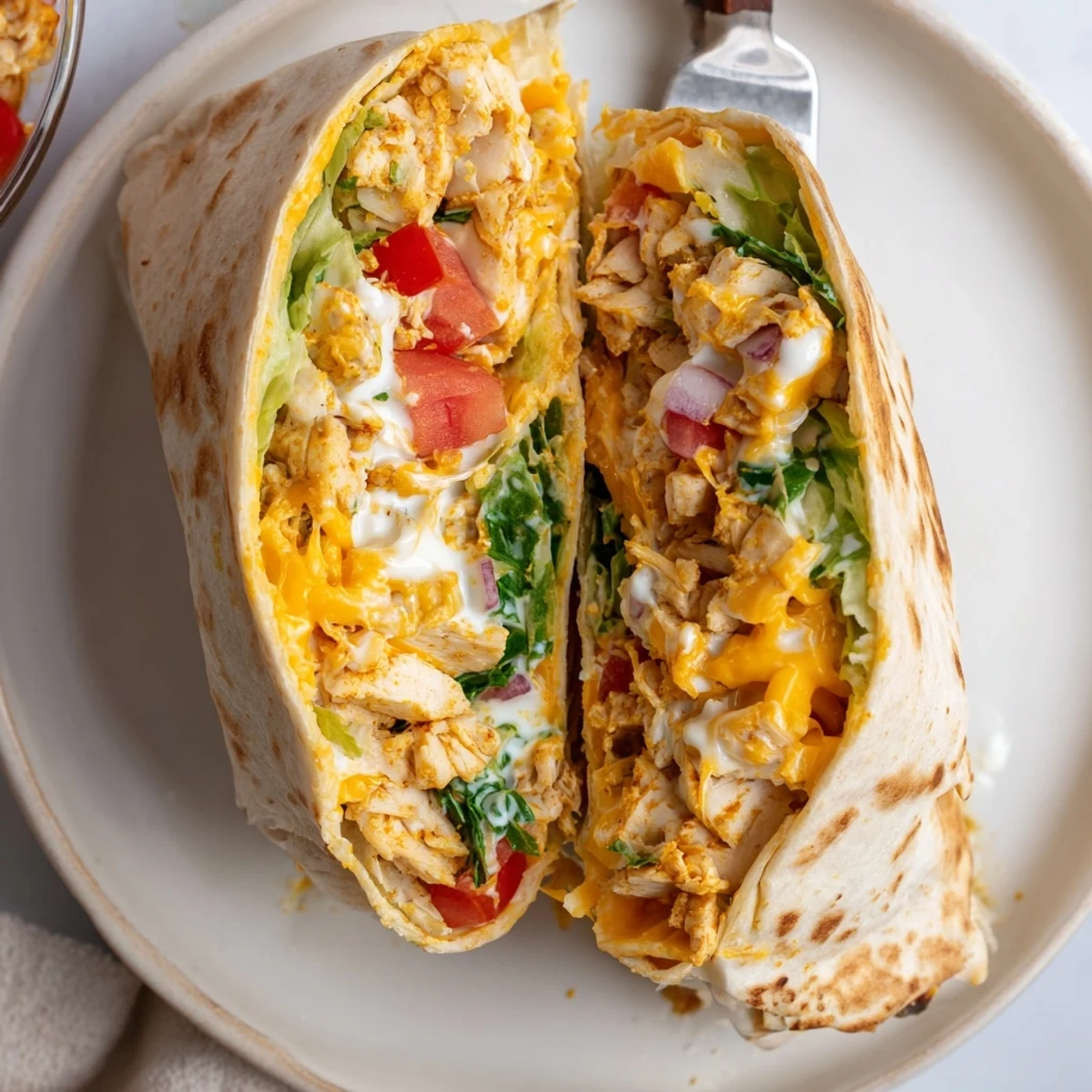 Grilled Cheesy Garlic Chicken Wraps with crisp romaine, juicy tomato, zesty sauce  