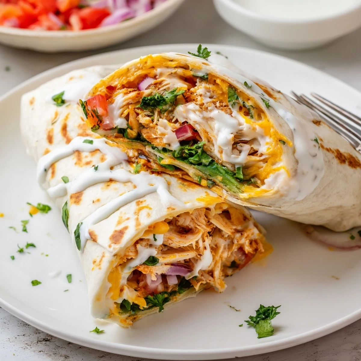 Family style Cheesy Garlic Chicken Wraps ready in thirty minutes, perfect quick lunch