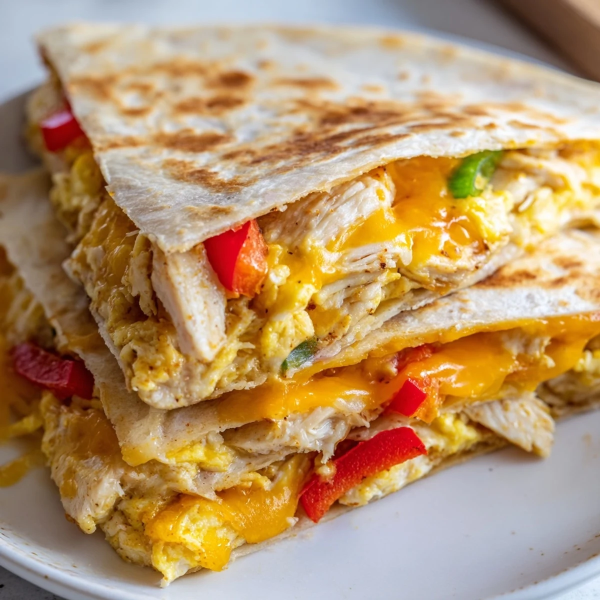 Golden, crispy Chicken Breakfast Quesadilla oozing melted cheese and tender shredded chicken