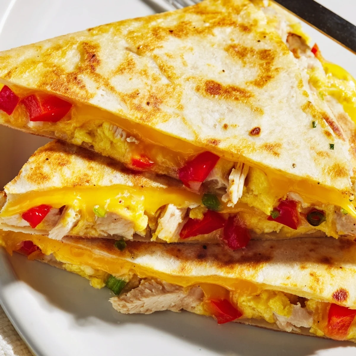 Fluffy scrambled eggs inside Chicken Breakfast Quesadilla with bell pepper and scallions